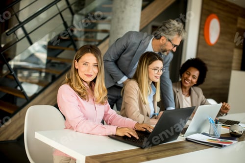 Preview: Group of young multiethnic business women working on new project with supervising by the mature boss