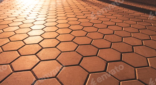 Preview: Background of Vintage Hexagon Brown Cobblestone Pavement with Golden Sunlight and Shadow on Surface