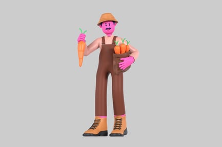 Visualização: Fazendeiro de desenhos animados com colheita de cenouras