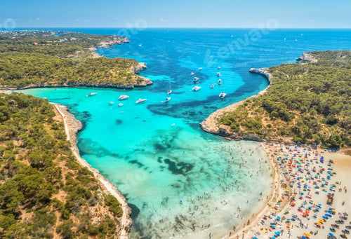 Preview: Aerial view of sandy beach, blue sea, people and yachts