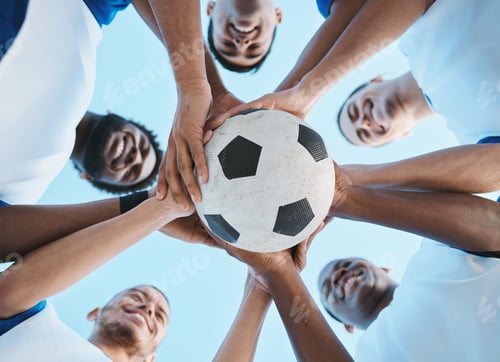 Preview: Soccer ball, support or team in a huddle for motivation, goals or group mission for a sports game o