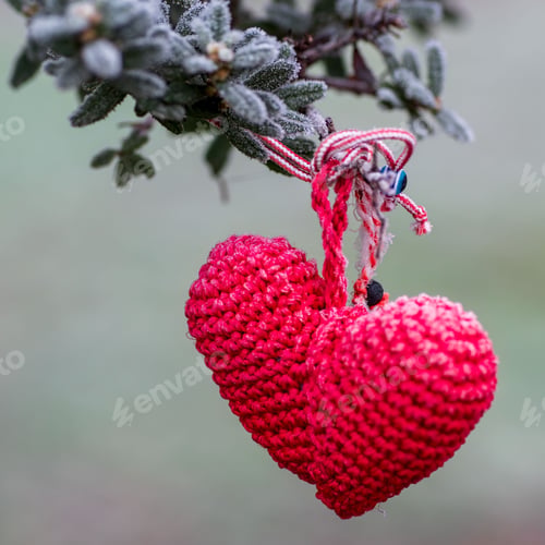 Preview: Vibrant red knitted heart hanging from a frosted tree branch with a blurred background