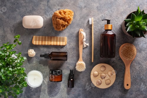 Preview: zero waste eco friendly hygiene bathroom concept. wooden toothbrush soap brush cosmetic