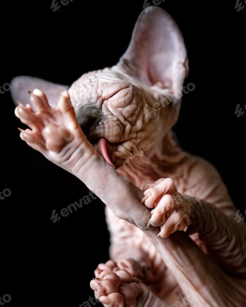Preview: Canadian Sphynx kitten licks its outstretched hind paw with its tongue on black background