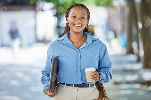 Preview: Walking, coffee and city with a business woman or employee on a break against an urban background.