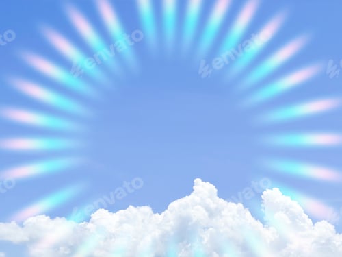 Preview: Radiant light aura rays purple sky and white fluffy clouds background with framed place for text