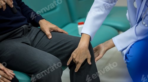 Preview: Doctor physiotherapist examining treating injured knee of senior patient at hospital.