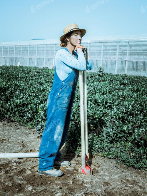 Preview: A farmer woman dressed in blue overalls digs holes in the ground to build a fence.