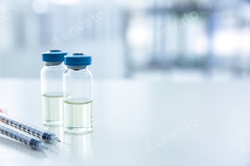 Preview: Vials with medicine and syringes on blurred background. Vaccination concept