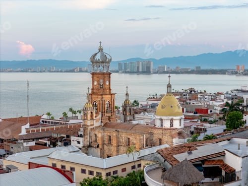 Preview: Guadalupe church with crown tower overlooking Puerto Vallarta and Banderas Bay