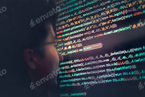 Preview: Steeling password and private data remotely. Screen displaying program code. Protection break