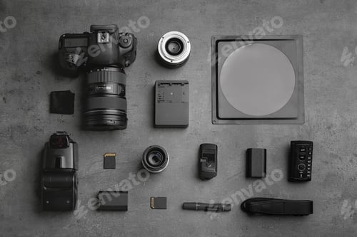 Preview: Flat lay composition with photographer's equipment and accessories on grey background