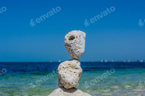 Preview: Heap Of Stones- Cobble. Boulders On The Beach On Background Of Blue Sky- Abstract Natural Landscape