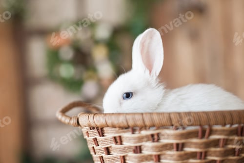 Preview: holding a basket with a white rabbit, spring equinox, easter, spring is coming, home, pet, cute, rab