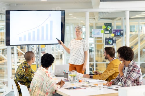 Preview: Mature Caucasian businesswoman giving presentation on screen during meeting
