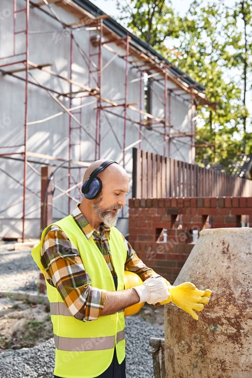 Preview: hardworking cottage builder in safety gloves and vest posing with headphones and helmet on site