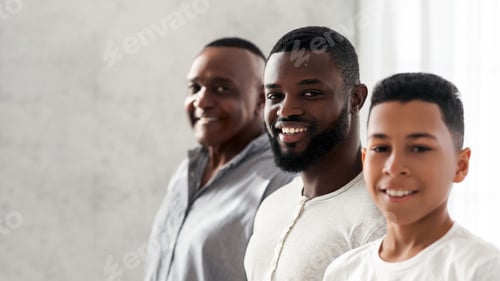 Preview: Three Generations. Smiling African Son, Father And Grandfather Posing To Camera