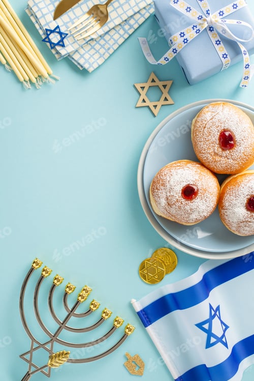 Preview: Experience Hanukkah's beauty with top-view vertical image of sufganiyot, utensils, Star of David