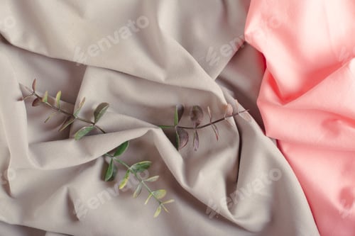 Preview: Eucalyptus branches on green and pink crumpled cotton fabric