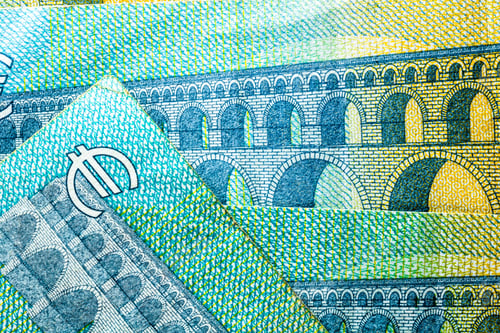 Preview: Closeup of EURO banknotes details - world money, inflation and economy concept