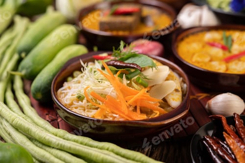 Preview: Rice noodles, red curry with meatballs, with dried chilies, basil, cucumber and long beans