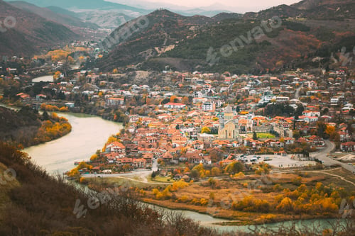 Preview: Mtskheta Georgia. Top Rooftop View Of Ancient Town And Svetitskhoveli Cathedral During Autumn Day