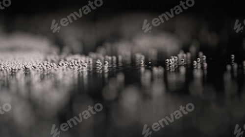 Preview: Close-up of gray round grains on black background. Stock footage. Gray round grains for seasoning or