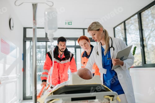 Preview: Young woman doctor taking care of patient from rescue ambulance.
