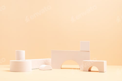Preview: Podium, stand, platform for product presentation. Abstract beige background and white shapes. Mockup