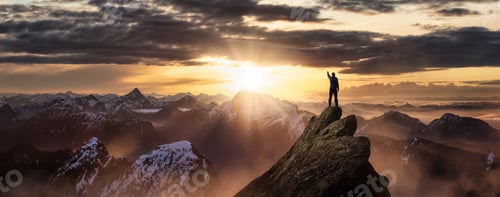 Preview: Magical Fantasy Adventure Composite of Man Hiking on top of a rocky mountain peak