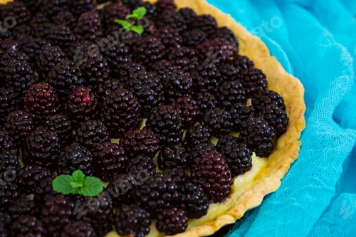 Preview: Delicious tart with blackberries on white background