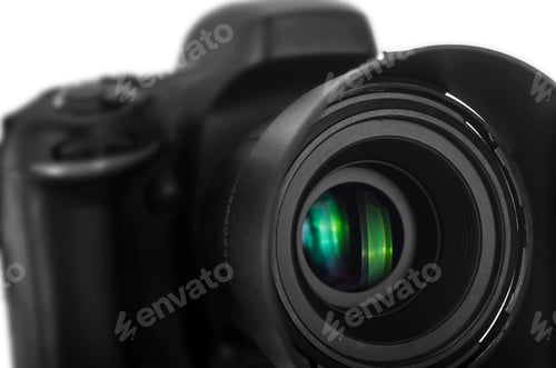 Preview: Black digital camera isolated on white background with clipping path