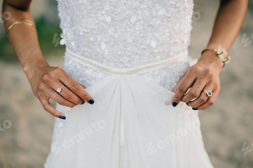 Preview: Bride holding front detail of her wedding dress, mid section