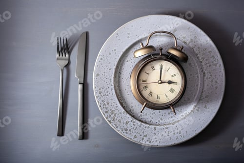 Preview: concept of intermittent fasting, ketogenic diet, weight loss. fork and knife, alarmclock on plate