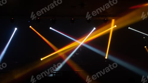 Preview: Empty stage concert with lighting laser beam spotlight show in disco pub club bar for party music