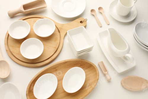 Preview: Beautiful White bright ceramic bowl and tarenes on the table. Clean crockery concept
