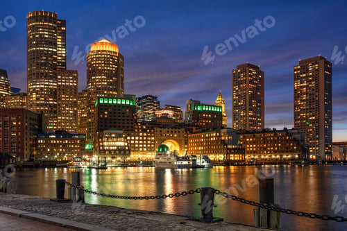 Preview: Scene of Boston skyline from Fan Pier at the fantastic twilight time with smooth water river,