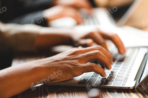 Preview: professional business person typing on computer laptop desk at office, using keyboard technology