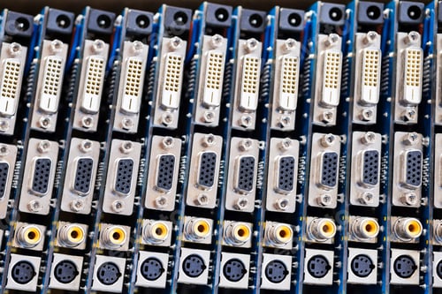 Preview: Close-up blurry metal sockets on a computer video board