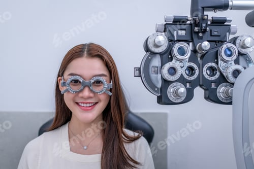 Preview: Woman optical shop customer doing eyesight measurement with optical phoropter check eye distance for