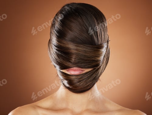 Preview: Hair cover face, mask and beauty with hair care, woman and lips for cosmetic marketing with keratin