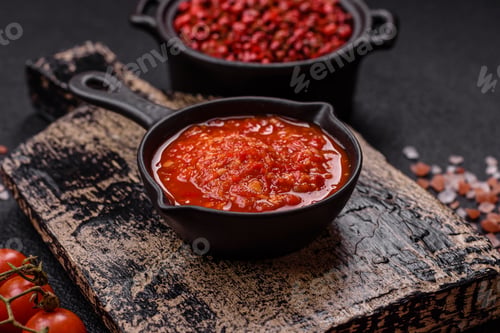 Preview: Delicious hot spicy red sauce with salt and spices in a ceramic bowl