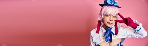 Preview: joyous woman cosplaying anime character and showing peace gesture and looking at camera, banner