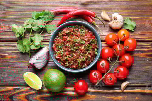 Preview: Tasty salsa sauce and ingredients on wooden table, flat lay