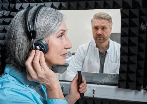 Preview: Hearing testing. Female patient wearing audiology headphones pressing button of response while