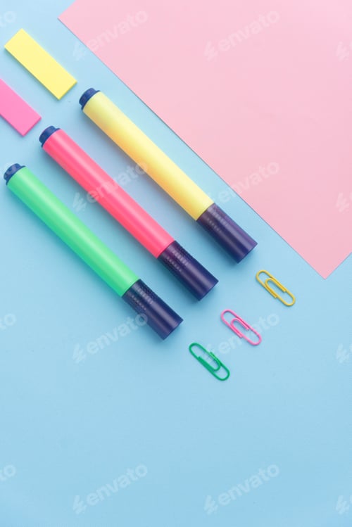 Preview: Office supplies on the blue background table