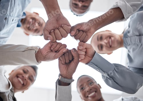 Preview: Hands fist bump, group circle and business people celebrate community support, synergy or happy cor