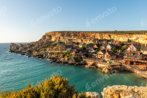 Preview: Malta, Il-Mellieha. View of the famous Popeye Village in Anchor Bay.
