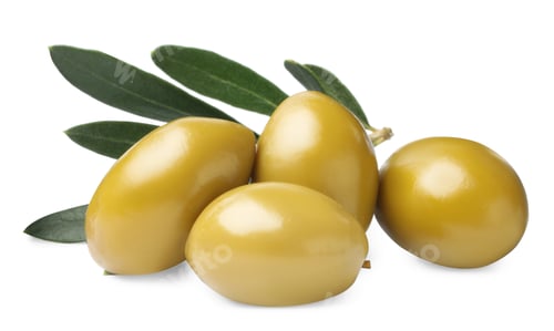 Preview: Olives with green leaves on white background
