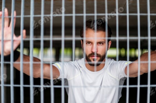Preview: Portrait of confident athlete behind grid